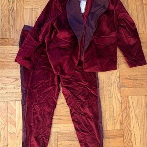 Women Velvet Tuxedo Blazer and Pants - Burgundy